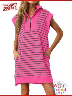 Womens Striped Knit Mini Dress Zipper V Neck Cap Sleeve Casual Summer
